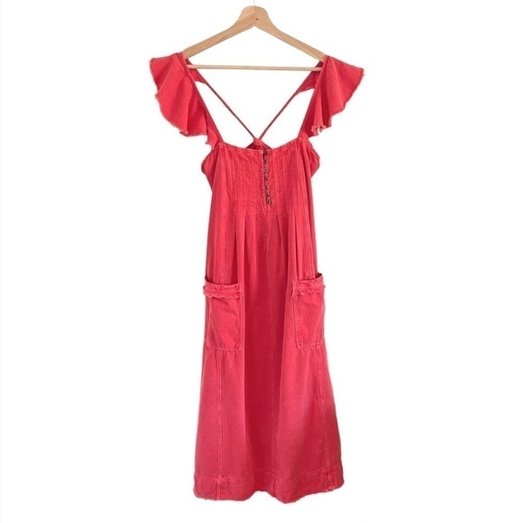 NWT Anthropologie Pilcro Linen Flutter Sleeve Midi Apron Dress Red XXS - Small - Picture 6 of 15